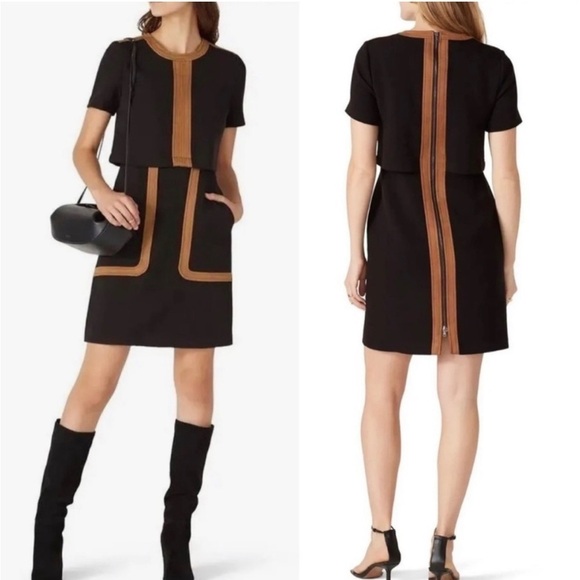 Toccin MSRP $695 Two Tone Faux Suede Trim Sheath pocket Dress Black  10 - Picture 1 of 8